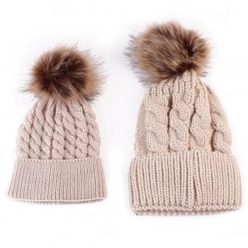 ECYC 2pcs / Set Mamá Y Bebé Tejiendo Sombrero Invierno Piel Caliente Pom Pom Beanie Hat, Caqui