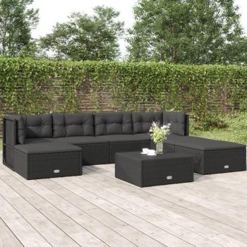 vidaXL 7-Piece Black Poly Rattan Garden Lounge Set with Cushions