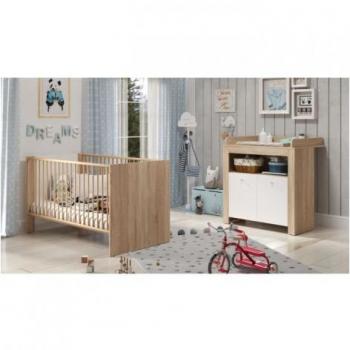 Conjunto de Muebles para Bebé PIA - Cuna 70x140 cm + Comoda con Cambiador 2 Puertas - Decoración Roble Sonoma y Blanco Mate