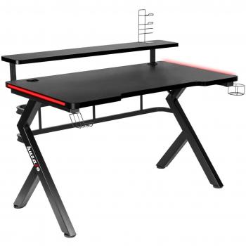 Mesa de Escritorio Huzaro Hero 5.0 RGB con Tablero de Mesa Revestido en Carbono, Gancho para Auriculares, Soporte para Bebidas y Protector de Pies - Negro