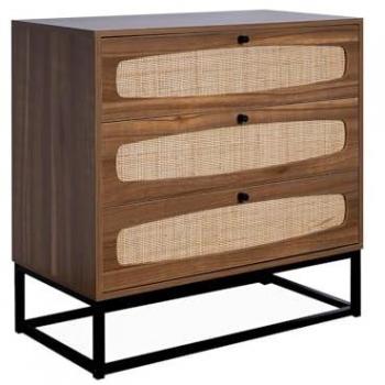 Cómoda Retro de Madera y Caña con 3 Cajones, Natural, 40x80x80 cm, Patas y Tiradores de Metal Negro