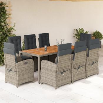 9-Piece Grey Poly Rattan Garden Dining Set with Cushions