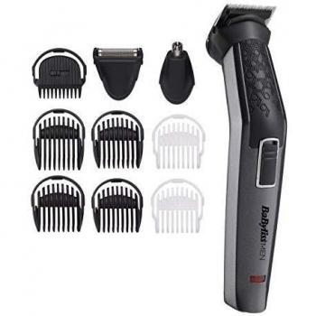 BaByliss MT727E Recortadora para cuerpo, barba, nariz y orejas de uso sin cable, 10 en 1, cuchillas recubiertas de titanio de carbono, 60 min de autonomía, color negro y gris
