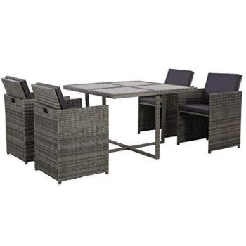 5 Piece Grey Poly Rattan Outdoor Dining Set with Cushions