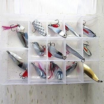14pc pesca de la cuchara de la pluma de agudos Hook Spinner Bait con la caja