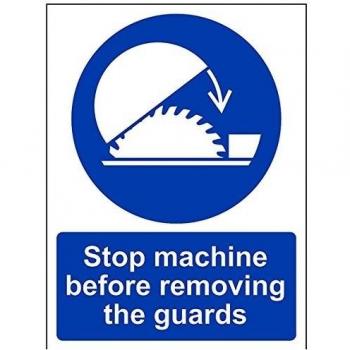 VSafety Stop Machine Before Removing The Guard Sign - Letrero vertical de 150 mm x 200 mm, plástico rígido de 1 mm