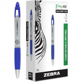 Zebra Pen Z-Grip MAX Bolígrafo retráctil, punta media, 1,0 mm, barril plateado, tinta azul, 12 unidades