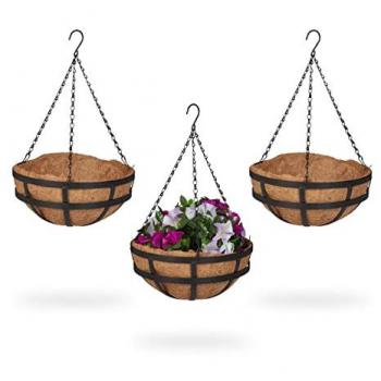 Set de 3 Macetas Colgantes de Coco, 50 x 31 cm, para Plantas Suspendidas, Interior y Exterior, Metal Marrón/Negro