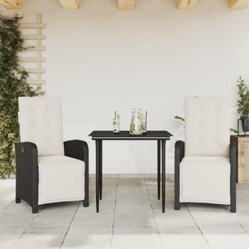 3-Piece Black Poly Rattan Bistro Set with Cushions
