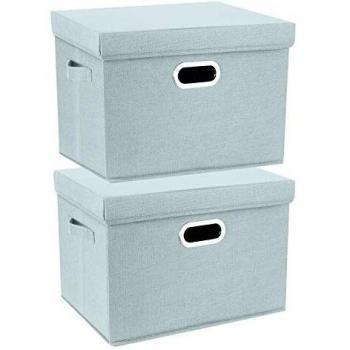 TYEERS 2 Paquetes Caja de Almacenamiento con Tapa y Asa, Cestas de Almacenaje Plegables de Ropa de Algodón Lino, Organizadores de Almacenamiento de Juguetes, Estantes, Ropa y Libros, etc. - Aqua