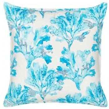 Cojín Decorativo Cuadrado de Algodón 45 x 45 cm con Patrón Coral Marino en Blanco y Azul, Relleno de Poliéster