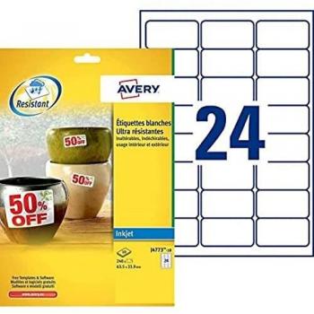 Avery España J4773-10 - Pack de 10 folios de etiquetas de poliéster, 63.5 x 33.9 mm, color blanco
