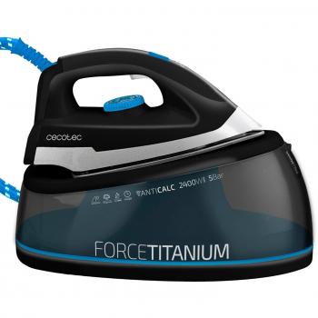 Centro de planchado ForceTitanium 5000 Anticalc de Cecotec. 2400 W. Filtro antical extraíble. Apagado automático. Modo ECO. Autonomía ilimitada. Vapor 140 g/min. Suela TitaniumSlide. 5 bares. 2 litros. Vapor vertical. Sistema de autolimpieza.
