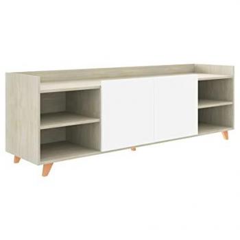 MOMMA HOME Mueble TV Salón ROAU, Mesa de Televisión Acabado en Roble y Blanco, 180x53x46 cm, Puertas centrales, Patas de Madera