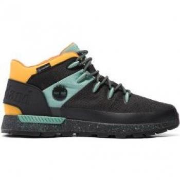 Botas de piel Timberland Sprint Trekker Waterproof Mid para hombre, color negro con detalles en amarillo y azul celeste, talla 46