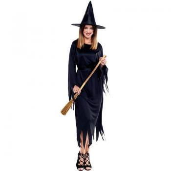 Disfraz de Bruja Negra con Picos para Mujer - Disfraz largo, color negro, incluye picos en el sombrero, vestido largo y ajustado, ideal para Halloween y fiestas temáticas