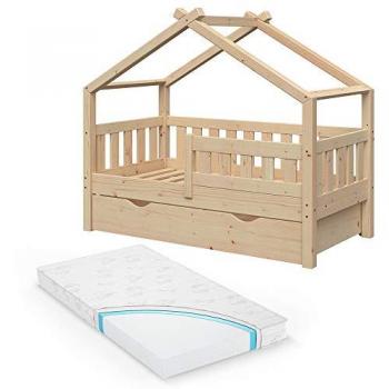 Cama en forma de casa Vitalispa, Marrón, 70x140 cm con cajón y colchón incluido