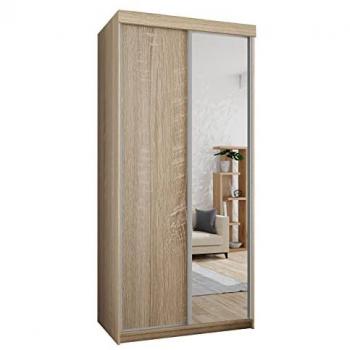 Armario corredizo Sahara 23/100 con espejo, 2 puertas, roble sonoma, 200x100x62cm, incluye barra para ropa y estantes ajustables