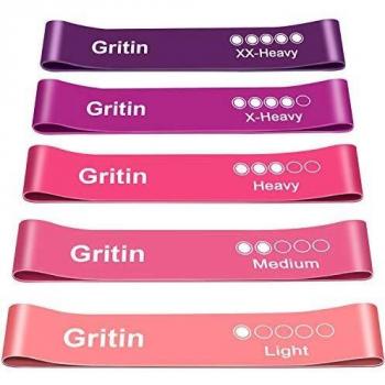 Gritin Bandas Elásticas Fitness/Bandas de Resistencia, Set de 5 Cintas Elásticas Fitness y Musculación de Látex Agradable a la Piel con Guía de Ejercicios de Español y Bolsa Almacenamiento