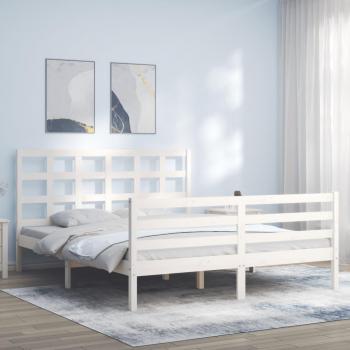 Estructura de cama con cabecero de madera maciza blanca, tamaño 160x200 cm