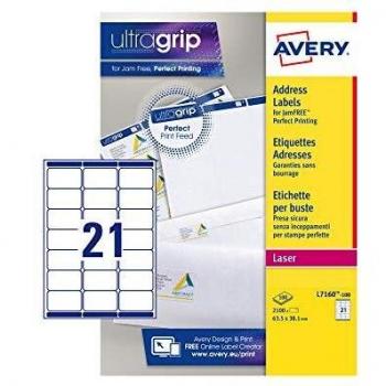 Avery España L7160-100 - Pack de 100 folios de etiquetas para correspondencia y envío, 63.5 x 38.1 mm, color blanco