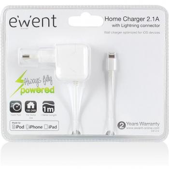 Ewent EW1213 - Cargador (Interior, MP3, MP4, Smartphone, Tableta, Corriente alterna, Color blanco, iPhone 6, 6 plus, 5, 5S, 5C, iPad Mini, iPad Mini Retina, iPad Air, iPod touch 5, Contacto)