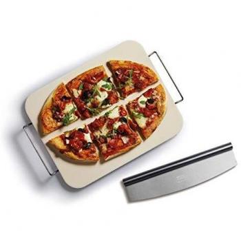 KitchenCraft World of Flavours Rectangular Ceramic Pizza Stone and Cutter Set, 2 Pieces, Gift Box