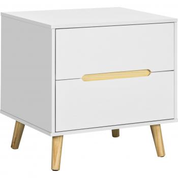 HOMCOM Mesita de Noche Estilo Moderno con 2 Cajones y Patas de Madera para Dormitorio Salón Cama Oficina 50x40x50,5 cm Blanco