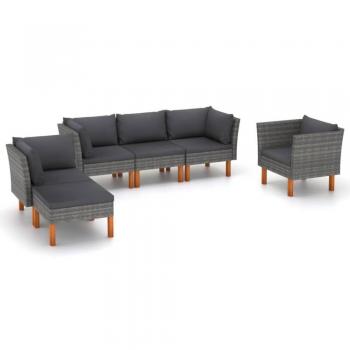 6-Piece Grey Poly Rattan Garden Lounge Set with Eucalyptus Wood