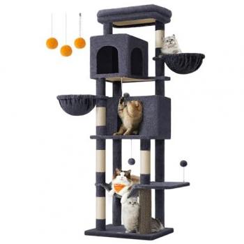 Árbol para Gatos Multinivel de 175 cm con 2 Cuevas, 2 Cestas, 5 Rascadores, Plataforma, Hamaca y Alfombra en Color Beige Arena y Gris