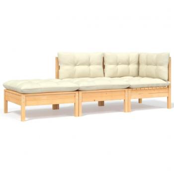 3-Piece Garden Lounge Set with Cream Cushions - Solid Pine Wood