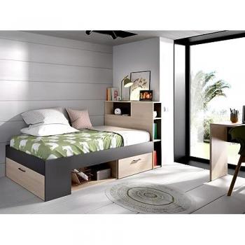 Cama con cabecero, compartimentos y cajón - 90 x 190 cm - Antracita y Natural + Somier - LEANDRE