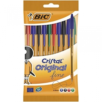 BIC Cristal Original Fine - Set de 10 Bolígrafos con Punta Fina de 0.8mm y Tinta a Base de Aceite en Colores Variados