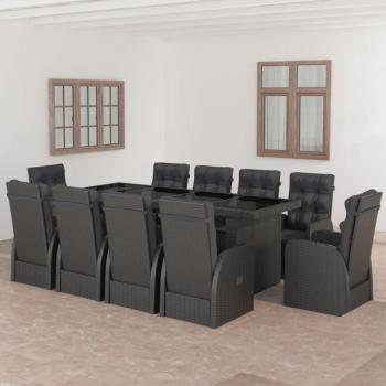 11-Piece Black Poly Rattan Outdoor Dining Set with Cushions
