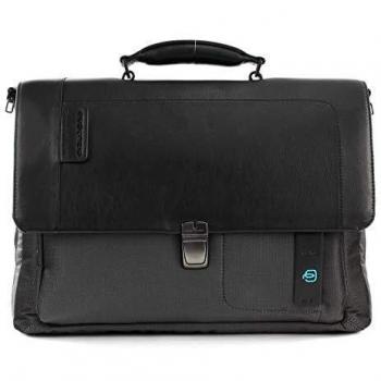 Piquadro P16 Expandable Gray Leather Laptop Briefcase 41 cm for Men