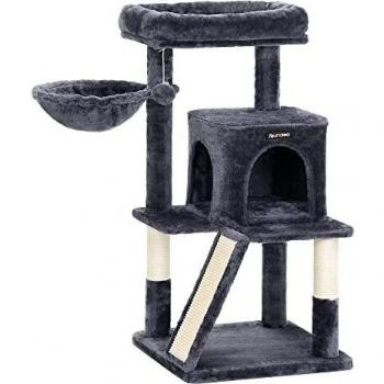 Torre Rascador para Gatos con Vivienda, Rampa de Subida, Plataforma Superior y Hamaca, Disponible en Gris Claro o Antracita