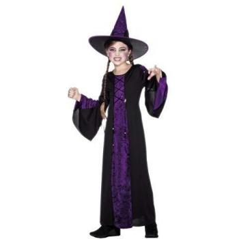 Smiffys- Disfraz de brujita, Negro y Morado, con Vestido y Sombrero, Color púrpura, M - Edad 7-9 años