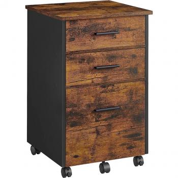 Archivador de 3 Cajones Marrón Rústico y Negro, diseño rústico en marrón y negro, mueble multifuncional con ruedas, ideal para oficina y hogar