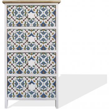 Cofre de Cajones 4 Majolica Mobili Rebecca, Madera clara, Azul y Blanco, Dimensiones: 76x40x30 cm