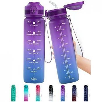 Lunidry Botella de Agua Deportiva, 1L Reutilizable Motivacional Botella Agua Sin Bpa Tritan Plástico con Marcador de Tiempo & Pajita para Niños, Deporte, Gym, Gimnasio, Bicicleta, Trekking