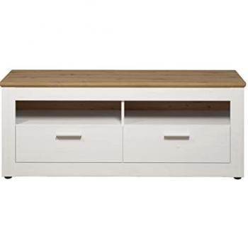 Mueble de TV Shade con 2 cajones y 2 estantes decorativos, madera clara y blanco, 148 x 59 x 45 cm