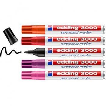 edding 3000 marcador permanente - rojo naranja rosa magenta negro - juego de 5 - punta redonda - indeleble de secado rápido resistente al agua y a los borrones - cartón plástico madera metal tela
