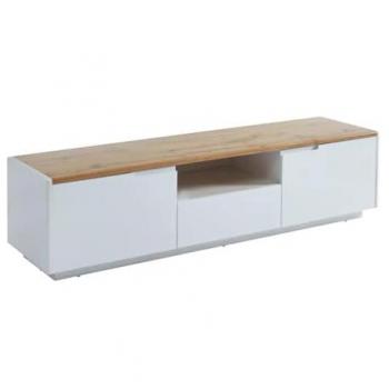 Mueble TV AMANI - 2 puertas y 1 cajón - MDF lacado blanco - Color: blanco y roble