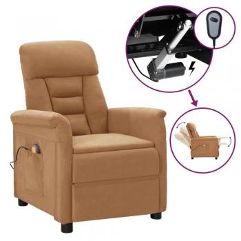 Sillón de masaje eléctrico reclinable ajustable con reposapiés en piel de ante sintético gris taupé, ergonómico y elevable para salón u oficina