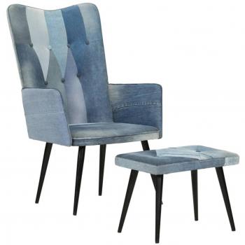 Sillón orejero con reposapiés de cuero auténtico en color crema, gris o negro, y sillón con reposapiés de lona patchwork azul vaquero