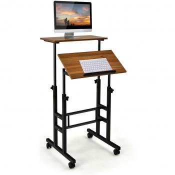 Walnut Height-Adjustable Mobile Standing Desk with Rolling Wheels