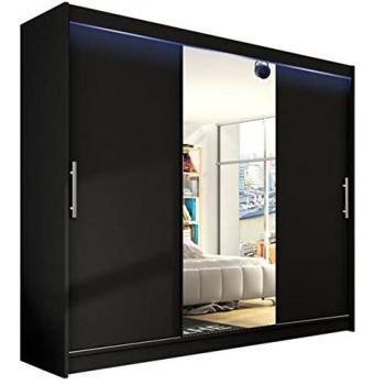 Armario Atlanta 122, Negro, 215x250x58cm, Puertas Correderas con Iluminación LED y 9 Estantes