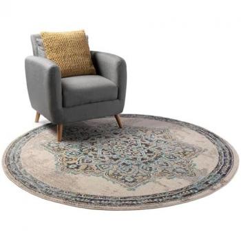 Alfombra Redonda Beige Ø 180 cm, Estilo Étnico, Fácil de Limpiar, Apta para Calefacción por Suelo Radiante
