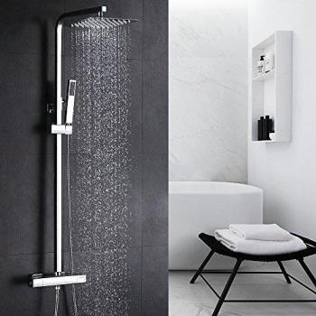 HOMELODY 38ºC Termostatica Columna de Ducha Adjustable Conjunto de Ducha Ducha Barra Altura Ajustable Sistema de Ducha Cromado Ducha de Mano Ubicación flexible Ducha de Lluvia Alcachofa de Ducha