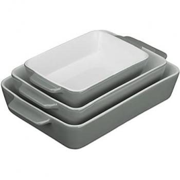 Set de 3 Fuentes para Horno Rectangulares de Cerámica, Apto Lavavajillas, Ideal para Lasaña y Tiramisu, Gris/Blanco